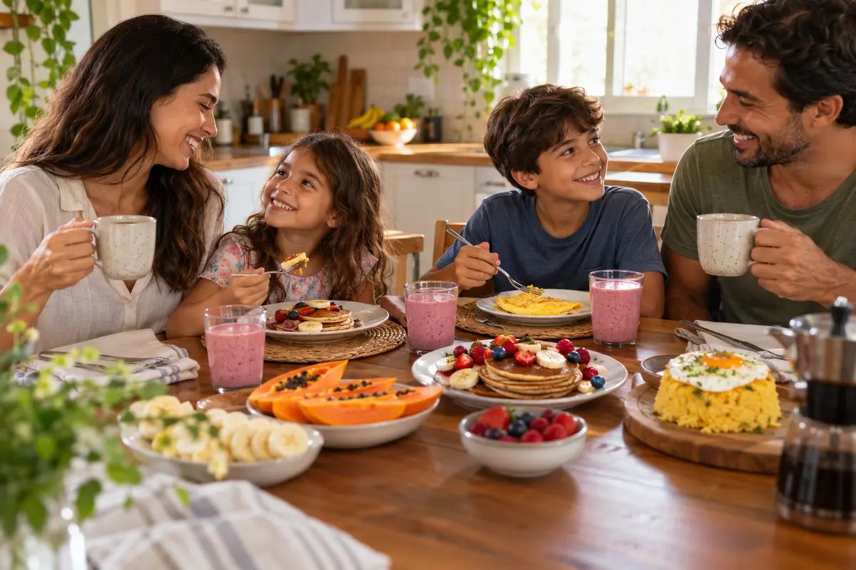 Família reunida tomando café da manhã saudável na mesa da cozinha